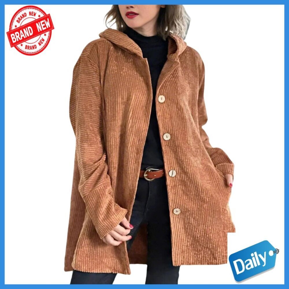Lightweight Corduroy Hooded Jacket Button Down Midi Length Casual Loose Fit